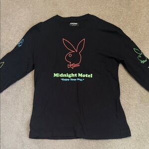 PLAYBOY for Pacsun Black Long Sleeve Shirt with Neon Rabbit Graphics